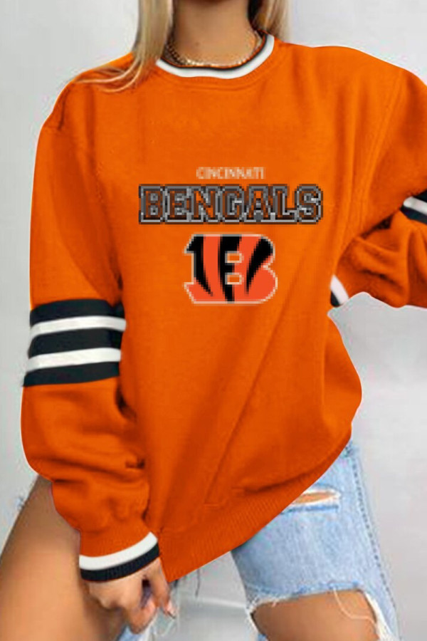 Orange Casual Print Patchwork O Neck Tops(polyester material, subject to the actual product)