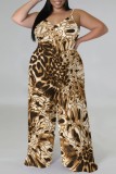 Brown Casual Print Backless V Neck Plus Size Jumpsuits (With Headscarf)