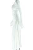 White Elegant Solid Color Patchwork Oblique Collar Long Dresses