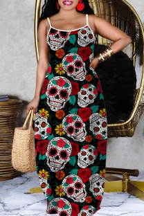 Black Sexy Casual Print Backless Spaghetti Strap Long Dresses