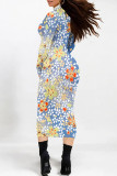 Gray White Street Elegant Geometric Print Flowers Contrast Half A Turtleneck Printed Dresses