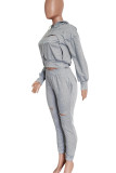 Light Gray Casual Solid Color Hollow Out Draw String Pocket Patchwork Hooded Long Sleeve Two Pieces