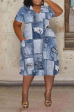 Dark Blue Casual Street Faux Denim Print Pocket Contrast V Neck Printed Plus Size Dresses