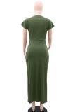 Army Green Elegant Solid Color Patchwork High Slit Ruched O Neck Long Dresses