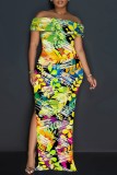 Black Casual Print Slit Off Shoulder Long Dresses