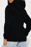 Black Casual Solid Color Draw String Pocket Patchwork Hooded Tops