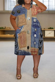 Dark Blue Casual Street Faux Denim Print Pocket Contrast V Neck Printed Plus Size Dresses