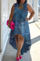 The cowboy blue Casual Faux Denim Print Irregular O Neck Sleeveless Plus Size Dresses