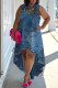 The cowboy blue Casual Faux Denim Print Irregular O Neck Sleeveless Plus Size Dresses