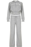 Grey Casual Letters Draw String Pocket Patchwork Zipper Zipper Collar Long Sleeve Two Pieces