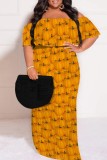Blue Casual Print Patchwork Off Shoulder Long Plus Size Dresses