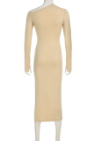 Skin Color Elegant Solid Color Patchwork Slit Oblique Collar Long Dresses