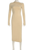 Skin Color Elegant Solid Color Patchwork Slit Oblique Collar Long Dresses
