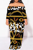 Black Sexy Floral Print Leopard Contrast Off Shoulder Printed Plus Size Dresses(No Belt)