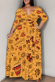 Brown Casual Print Patchwork Strap Design V Neck Long Plus Size Dresses