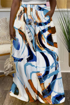 Blue White Casual Street Geometric Print Flowers Splashed ink printing Pocket Contrast Loose High Waist Wide Leg Full Print Bottoms