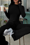 Black Casual Solid Color Draw String Patchwork O Neck Long Sleeve Two Pieces