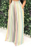 Black Casual Street Camouflage Print Stripe Pocket Contrast Loose High Waist Wide Leg Full Print Bottoms