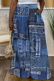 Blue Casual Faux Denim Print Basic Regular High Waist Wide Leg Full Print Trousers