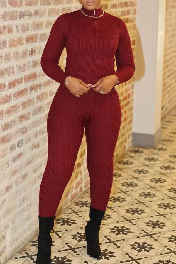 Burgundy Casual Solid Color Patchwork Zipper Zipper Collar Long Sleeve Two Pieces