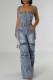 Blue Street Solid Color Ripped Pocket Buckle Patchwork Strapless Sleeveless Loose Denim Jumpsuits