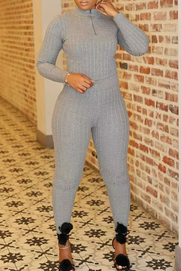 Grey Casual Solid Color Patchwork Zipper Zipper Collar Long Sleeve Two Pieces