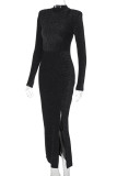 Black Elegant Solid Color Patchwork High Slit O Neck Long Dresses