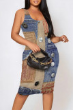 Baby Blue Sexy Street Faux Denim Print Contrast U Neck Printed Dresses