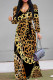 Gold Casual Leopard Print Patchwork V Neck Long Dresses