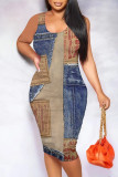 Baby Blue Sexy Street Faux Denim Print Contrast U Neck Printed Dresses