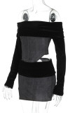 Black Sexy Solid Color Patchwork Backless Slit Off Shoulder Long Sleeve Two Pieces
