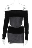 Black Sexy Solid Color Patchwork Backless Slit Off Shoulder Long Sleeve Two Pieces