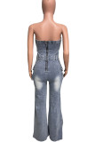 Blue Street Solid Color Ripped Pocket Buckle Patchwork Strapless Sleeveless Loose Denim Jumpsuits
