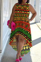 Red Green Casual Print Patchwork O Neck Irregular Plus Size Dresses