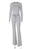 Black Casual Solid Color Draw String Patchwork O Neck Long Sleeve Two Pieces