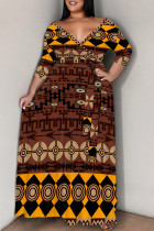 Brown Casual Print Patchwork Strap Design V Neck Long Plus Size Dresses