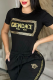 Black Casual Street Bronzing Pattern Lace Up Patchwork O Neck Short Sleeve Two Pieces