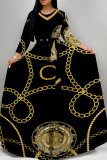 Red Casual Print Patchwork Strap Design O Neck Long Dresses