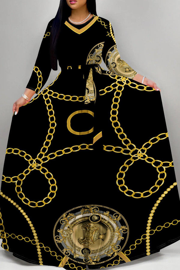 Black Casual Print Patchwork Strap Design O Neck Long Dresses