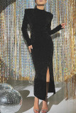 Black Elegant Solid Color Patchwork High Slit O Neck Long Dresses