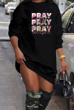 Black Casual Letters Patchwork O Neck Straight Dresses