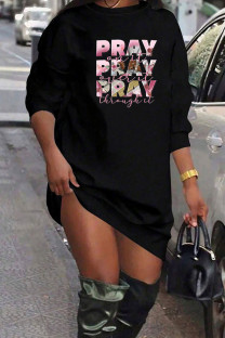 Black Casual Letters Patchwork O Neck Straight Dresses