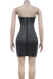 Apricot Sexy Patchwork Backless Hot Drill Zipper Strapless Wrapped Skirt Dresses