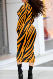 Orange Yellow Elegant Print Patchwork O Neck Long Dresses