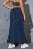 Deep Blue Casual Basic High Waist Regular Denim Skirts