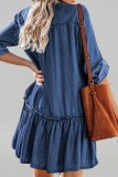 Blue Casual Solid Color Buttons Patchwork V Neck Long Sleeve Regular Denim Dresses