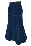 Deep Blue Casual Basic High Waist Regular Denim Skirts
