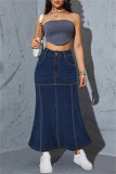 Deep Blue Casual Basic High Waist Regular Denim Skirts