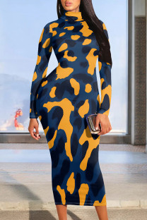 Orange Blue Elegant Print Patchwork O Neck Long Dresses