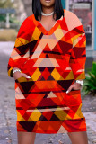 Multicolor Casual Print Pocket Patchwork V Neck Straight Plus Size Dresses